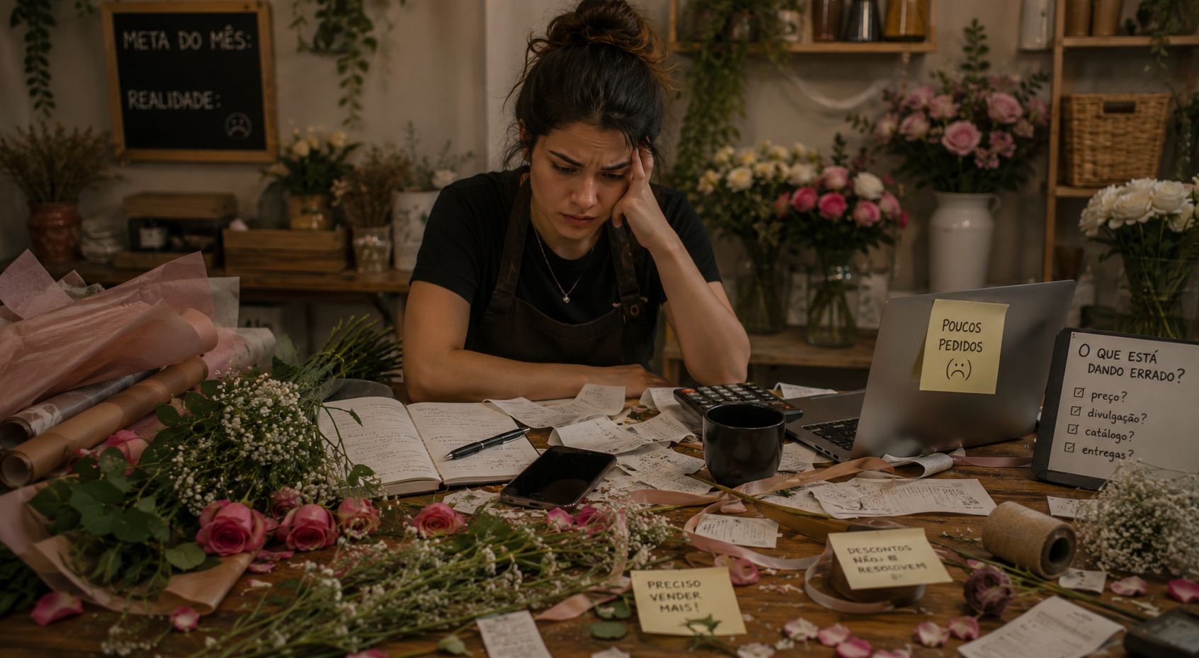 Florista estressada com a mesa cheia de anotações